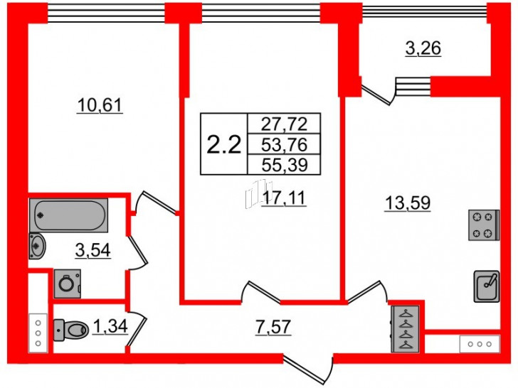 Двухкомнатная квартира 53.76 м²