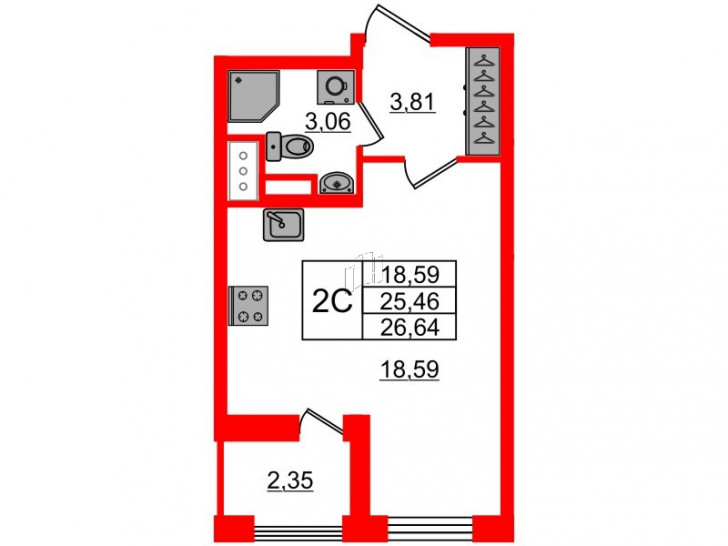 Студия 25.46 м²