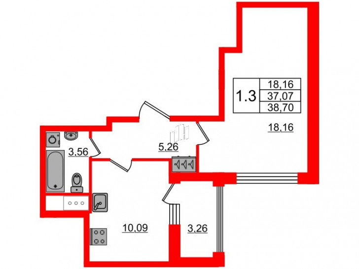 Однокомнатная квартира 37.07 м²