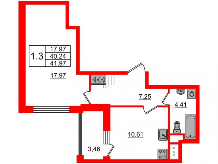 Однокомнатная квартира 40.24 м²