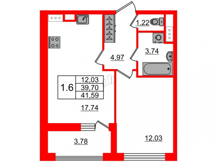 Однокомнатная квартира 39.7 м²
