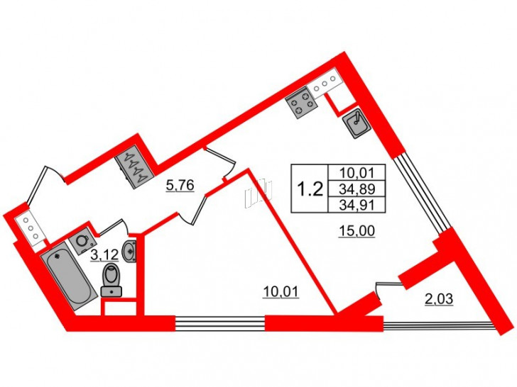 Однокомнатная квартира 33.89 м²